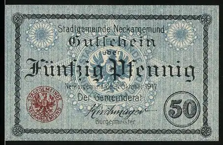 Notgeld Neckargemünd 1917, 50 Pfennig, Gutschein über Fünfzig Pfennig, Stadtgemeinde Neckargemünd, blaues Design