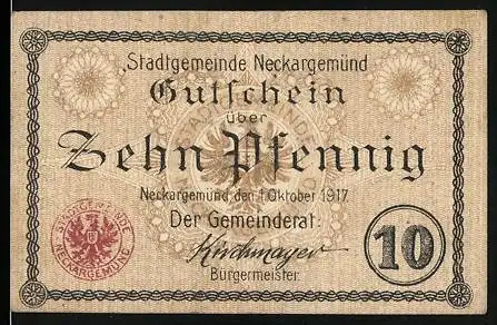 Notgeld Neckargemünd, 1917, 10 Pfennig, Gutschein über Zehn Pfennig, Stadtgemeinde Neckargemünd, 10. Oktober 1917