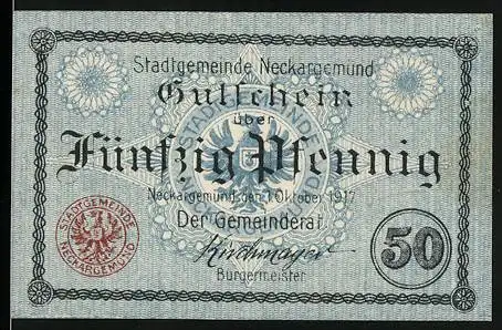 Notgeld Neckargemünd 1917, 50 Pfennig, Stadtgemeinde Gutschein über Fünfzig Pfennig, verziert mit Wappen und Muster