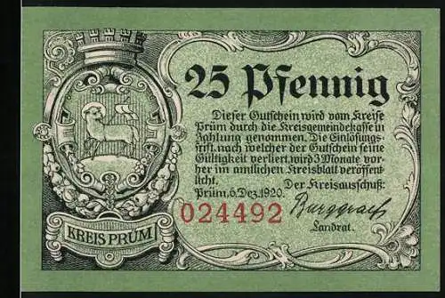 Notgeld Prüm 1920, 25 Pfennig, Ruine Schönecken und Wappen Kreis Prüm