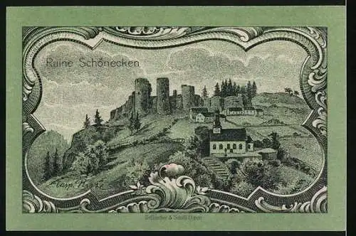 Notgeld Prüm 1920, 25 Pfennig, Ruine Schönecken und Wappen Kreis Prüm