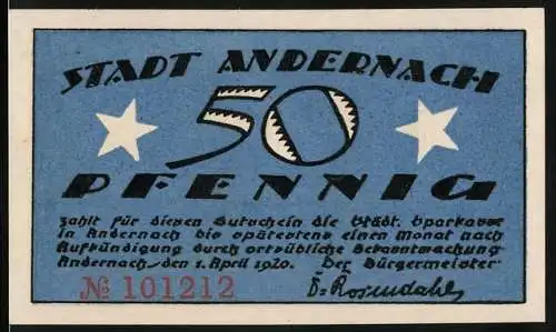 Notgeld Andernach 1920, 50 Pfennig, blau mit zwei weissen Sternen und Wahrzeichen der Stadt