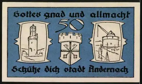 Notgeld Andernach 1920, 50 Pfennig, blau mit zwei weissen Sternen und Wahrzeichen der Stadt