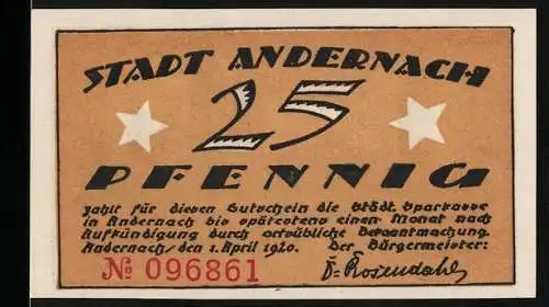 Notgeld Andernach, 1920, 25 Pfennig, Stadtszene mit Kirche und Spruch Gottes Gnad und Allmacht