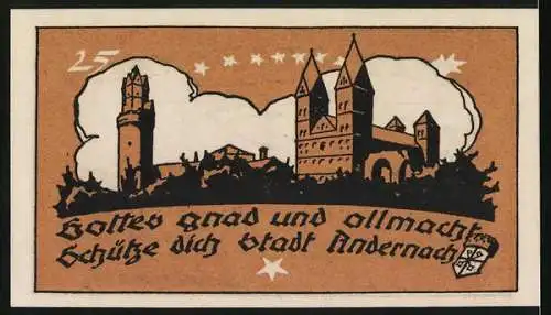 Notgeld Andernach, 1920, 25 Pfennig, Stadtszene mit Kirche und Spruch Gottes Gnad und Allmacht