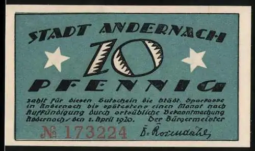 Notgeld Andernach, 1920, 10 Pfennig, blau mit zwei Sternen und Stadtwappen, Nr. 173224