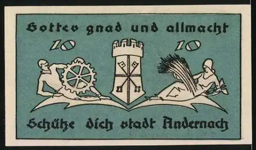 Notgeld Andernach, 1920, 10 Pfennig, blau mit zwei Sternen und Stadtwappen, Nr. 173224