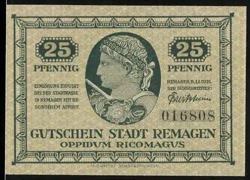 Notgeld Remagen 1921, 25 Pfennig, Gutschein Stadt Remagen mit Römerkopf und Römer Tor