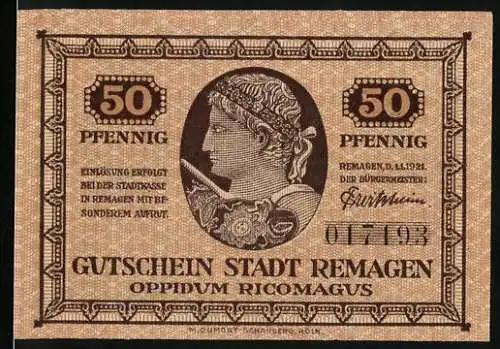 Notgeld Remagen, 1921, 50 Pfennig, Gutschein Stadt Remagen mit Römermotiv und Römertor auf Rückseite