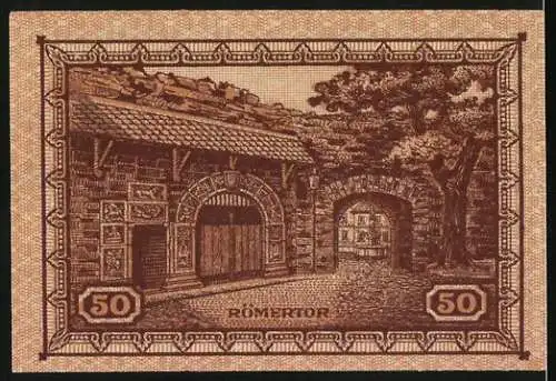 Notgeld Remagen, 1921, 50 Pfennig, Gutschein Stadt Remagen mit Römermotiv und Römertor auf Rückseite