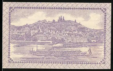 Notgeld Linz 1920, 25 Pfennig, Stadtansicht mit Schiff und Wappen