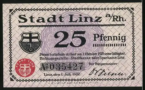 Notgeld Linz 1920, 25 Pfennig, Stadtansicht mit Schiff und Wappen