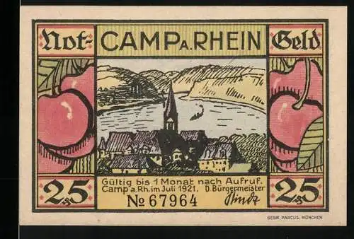 Notgeld Camp am Rhein 1921, 25 Pfennig, Landschaft mit Kirche und Rhein sowie Dampfschiff und Stadtansicht