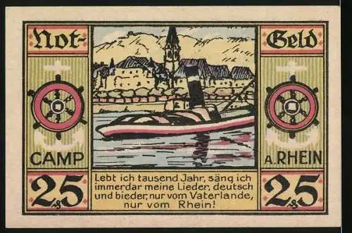 Notgeld Camp am Rhein 1921, 25 Pfennig, Landschaft mit Kirche und Rhein sowie Dampfschiff und Stadtansicht