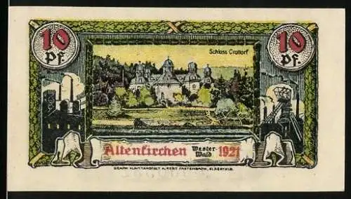 Notgeld Altenkirchen 1921, 10 Pfennig, Schloss Crottorf und Wappen mit Löwe