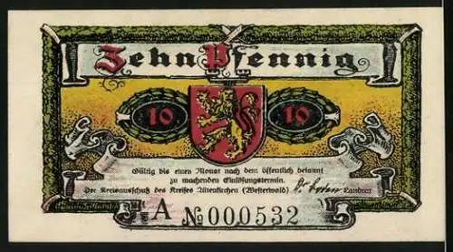 Notgeld Altenkirchen 1921, 10 Pfennig, Schloss Crottorf und Wappen mit Löwe