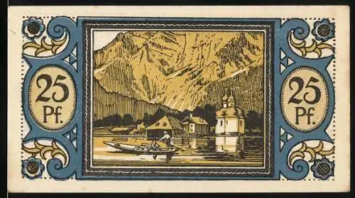 Notgeld Königssee, 1921, 25 Pfennig, Landschaft mit Boot und Kirche, Rückseite Text und bayerisches Wappen