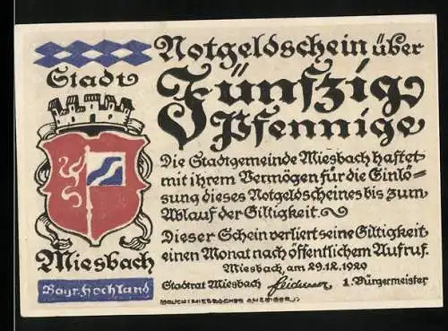 Notgeld Miesbach 1920, 50 Pfennig, Stadtwappen und Landschaftsmotiv mit Trachtenfiguren