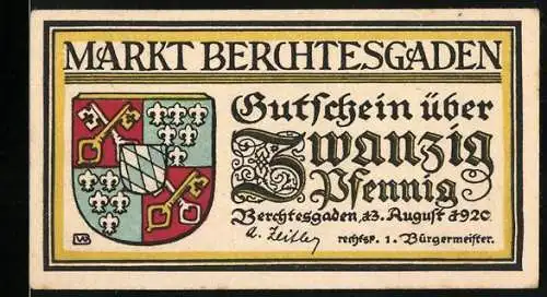 Notgeld Berchtesgaden 1920, 20 Pfennig, Wappen und Landschaft mit Spruch