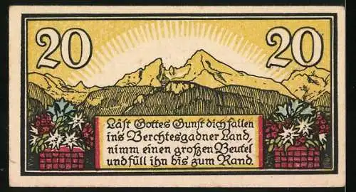 Notgeld Berchtesgaden 1920, 20 Pfennig, Wappen und Landschaft mit Spruch