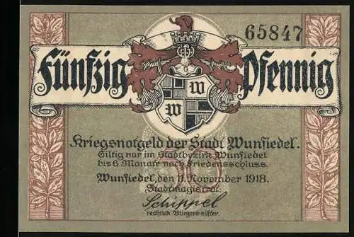 Notgeld Wunsiedel 1918, 50 Pfennig, Wappen der Stadt und historische Ruine im Wald