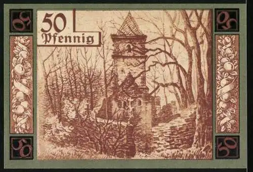 Notgeld Wunsiedel 1918, 50 Pfennig, Wappen der Stadt und historische Ruine im Wald