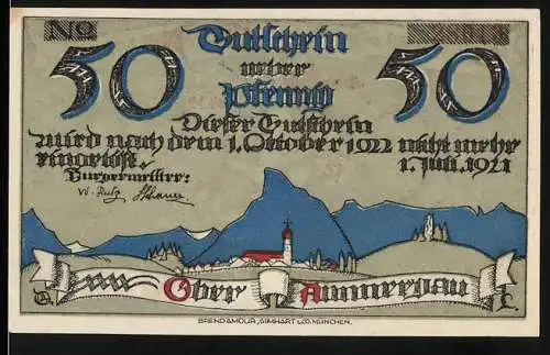 Notgeld Oberammergau 1921, 50 Pfennig, Landschaft mit Bergen und Kirche, Rückseite mit Wappen und Figuren