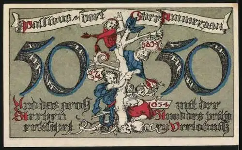 Notgeld Oberammergau 1921, 50 Pfennig, Landschaft mit Bergen und Kirche, Rückseite mit Wappen und Figuren