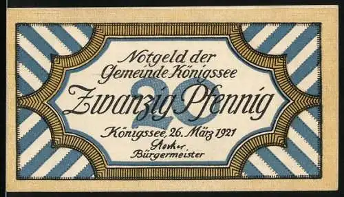 Notgeld Königssee 1921, 20 Pfennig, Landschaftsmotiv mit Bergen und Baum