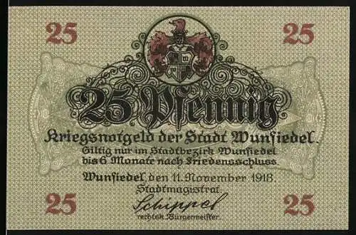 Notgeld Wunsiedel 1918, 25 Pfennig, Kriegsnotgeld der Stadt mit Stadtansicht und Wappen, Seriennummer 86951