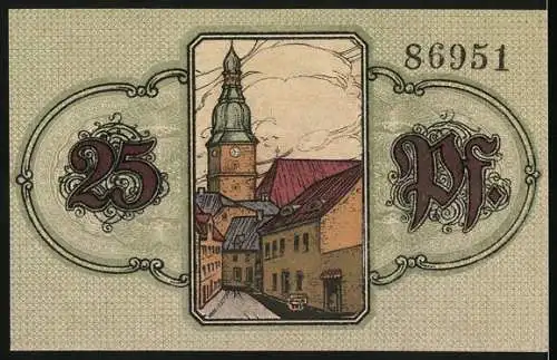 Notgeld Wunsiedel 1918, 25 Pfennig, Kriegsnotgeld der Stadt mit Stadtansicht und Wappen, Seriennummer 86951