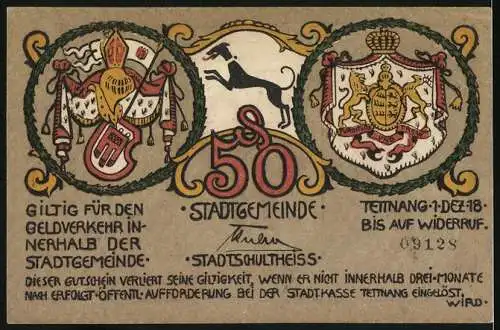 Notgeld Tettnang 1918, 50 Pf, Kriegs-Notgeld mit Wappen und Ernteszene