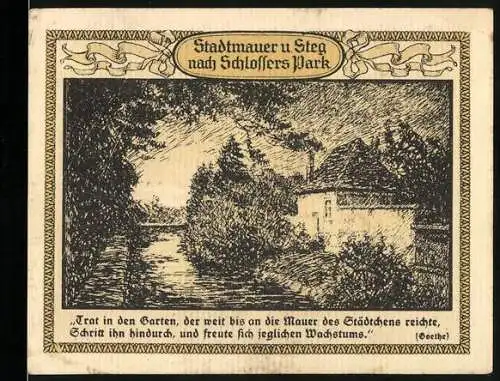 Notgeld Emmendingen 1921, 50 Pfennig, Stadtmauer und Steg nach Schlossers Park, Wappen und Ritter