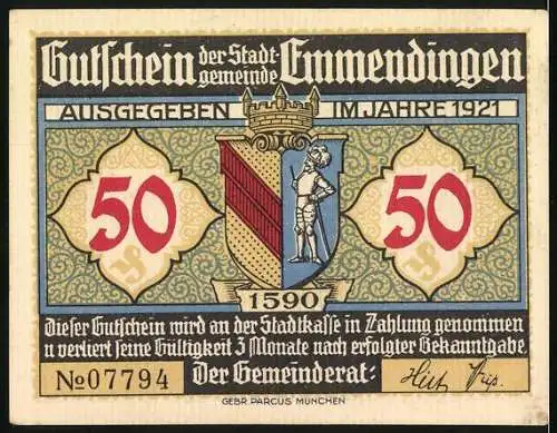 Notgeld Emmendingen 1921, 50 Pfennig, Stadtmauer und Steg nach Schlossers Park, Wappen und Ritter