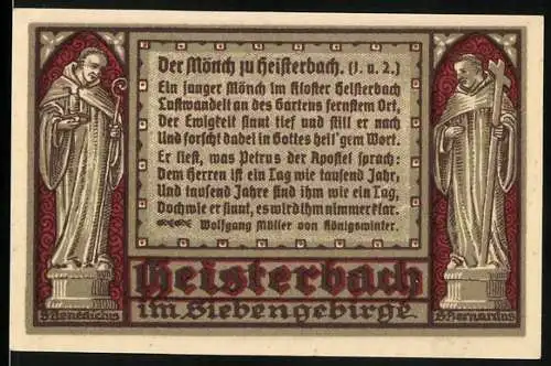 Notgeld Heisterbach 1921, 50 Pfennig, Darstellung eines Gedichts und einer Kirche