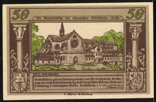 Notgeld Heisterbach 1921, 50 Pfennig, Darstellung eines Gedichts und einer Kirche