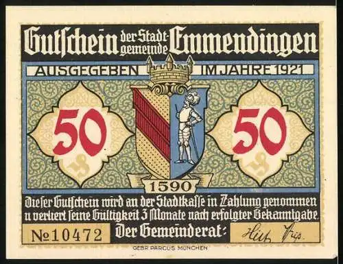 Notgeld Emmendingen, 1921, 50 Pfennig, Gasthaus zum Löwen und Stadtwappen mit Ritter