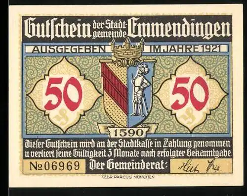 Notgeld Emmendingen, 1921, 50 Pfennig, Stadtwappen und Landhaus Enderlin