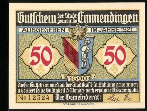 Notgeld Emmendingen, 1921, 50 Pfennig, Stadtwappen und Stadtmauer mit Zitat von Goethe