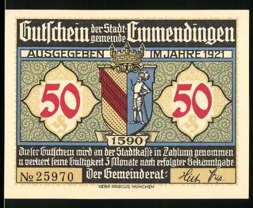 Notgeld Emmendingen, 1921, 50 Pfennig, Stadtwappen und Landschaftszeichnung mit Goethe-Zitat