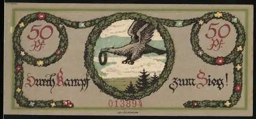 Notgeld Treuchtlingen, 1921, 50 Pfennig, Adler mit Kranz und Stadtwappen, Seriennummer 013894