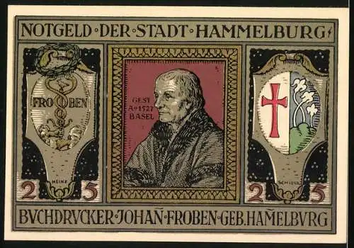 Notgeld Hammelburg, 1918, 25 Pfennig, Stadtansicht und Johann Froben mit Wappen