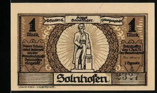 Notgeld Solnhofen, 1 Mark, Bild von Alois Senefelder und Solagruft, 1921