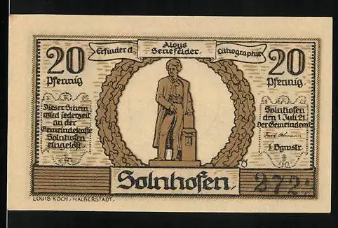 Notgeld Solnhofen, 20 Pfennig, Gründer der Lithographie Alois Senefelder, Bodenplatten-Muster