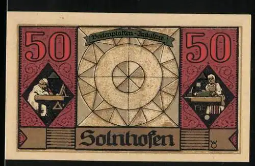 Notgeld Solnhofen, 1921, 50 Pfennig, Bodenplatten-Jagdhaus und Aloys Senefelder Lithographie