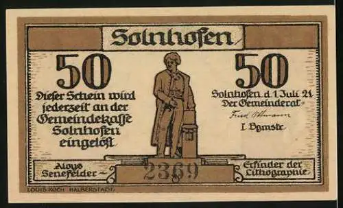 Notgeld Solnhofen, 1921, 50 Pfennig, Bodenplatten-Jagdhaus und Aloys Senefelder Lithographie