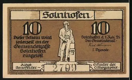 Notgeld Solnhofen, 1921, 10 Pfennig, Solagruft und Aloys Senefelder