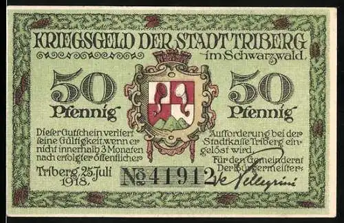 Notgeld Triberg 1918, 50 Pfennig, Kriegsgeld der Stadt Triberg im Schwarzwald, Wappen und Mann im grünen Anzug