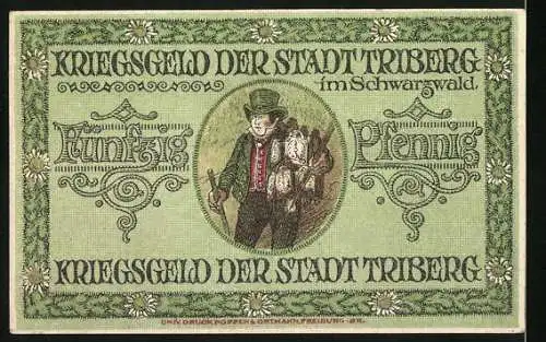 Notgeld Triberg 1918, 50 Pfennig, Kriegsgeld der Stadt Triberg im Schwarzwald, Wappen und Mann im grünen Anzug