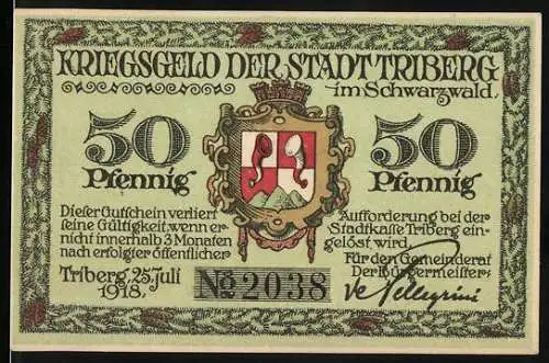 Notgeld Triberg 1918, 50 Pfennig, Kriegsheld der Stadt Triberg im Schwarzwald, Seriennummer 2038